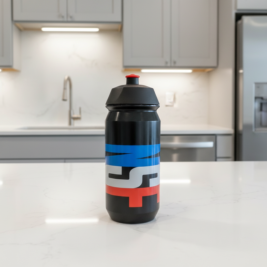 Black water bottle with Never Strays Far NSF logo design, on a kitchen counter